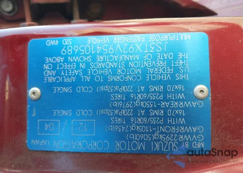 2005 Suzuki Xl-7 Ex/Lx from USA, damaged, VIN JS3TX92V954105689